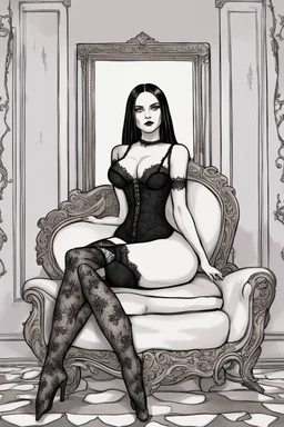 Wednesday Addams settles into the plush chair positioned in front of her grand mirror, her body adorned in the captivating Versace lingerie. The black lace clings to her like a second skin, accentuating her every curve and leaving her feeling empowered. She admires her figure in the mirror, reveling in the confidence it bestows upon her. As she sits there, Wednesday's mind begins to wander, envisioning a seduction that surpasses her original plan. A semi-awakened dream takes hold, blurring the l