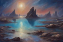 rocks, lagoon, space, very epic, concept art, new age influence, cosmic and philosophic influence, trscendent, anna boch impressionism painting