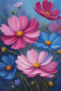 Cosmos flowers in blue and pink to be used on a business card, realistic beautiful, thick oil paint