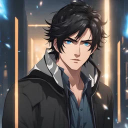 (masterpiece), (anime style), award winning, close up, centered, headshot, looking toward camera, messy black hair, young man, blue eyes, modern intricate background, dynamic lighting, depth of field, ultra detailed, (epic composition, epic proportion), 2D illustration, professional work, black clothes