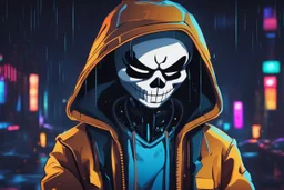 Sans in 8k cartoon artstyle, hacker them, neon effect, close picture, rain, fantasy world, intricate details, highly detailed, high details, detailed portrait, masterpiece,ultra detailed, ultra quality