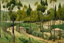 An olive green forest with tribal huts painted by Maurice Utrillo