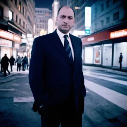 very grainy discolored photo, portrait, night street, grunge, 2000s Russia, businessman, extremely gaunt, haughty, nice suit, extremely pale, inhuman