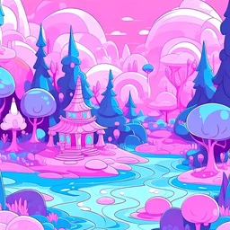 Pink and purple pastel cartoon forest with a cozy Victorian teahouse