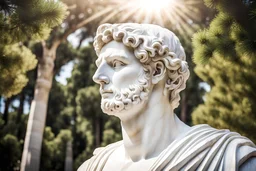 portrait haute résolution d'une statue grecque en marbre blanc d'un homme maigre, angle de vue parfait, en extérieur, soleil éclatant, verdures, arbres méditerranéen tout autour, pinède, comme à Delphes en Grèce.