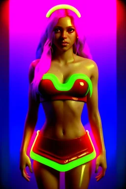 waist up portrait, Shakira, artist, Realistic image, latex style dress. loose long hair, eyes make up, perfect, glow, circle iris. Neon colors, leds, geometric shapes. Dark background, photo studio, neon lights. Cyberpunk, concept art, smooth, unreal engine 5, god lights, ray tracing, RTX, lumen lighting, ultra detail, volumetric lighting, 3d, finely drawn, high definition, 4k.