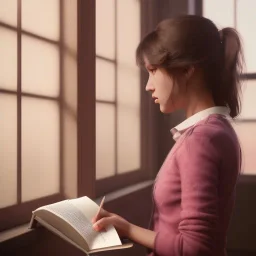 reading a book by the window studying girl, ultra detail, curl hair, realistic photo unreal engine, cinematic lighting --ar 1:1 creative