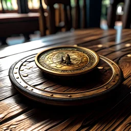 una moneda encima de una mesa antigua en una zona de aventura