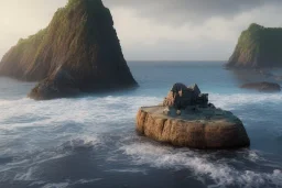 Small shipwreck at beachside overlooked by a craggy cliffside, fantasy, mystical