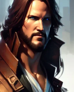 "matt mercer, 45 degree angle, full-scale head and shoulders portrait, 8k resolution concept art portrait by Greg Rutkowski, ultra detailed, Artgerm, WLOP, Alphonse Mucha dynamic lighting hyperdetailed intricately detailed Splash art trending on Artstation triadic colors Unreal Engine 5 volumetric lighting Splash art fantasy,"