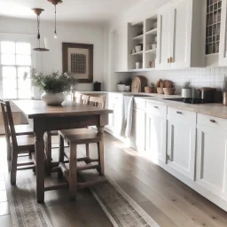 A farmhouse chic kitchen with white cabinets, wood accents, and a farmhouse table.
