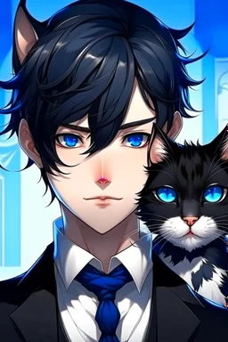 An attractive man with bright blue eyes, messy black hair, cat ears on his head, dressed like a butler, realistic anime