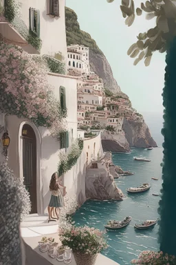 illustrated, romantic, Positano, vacation, Italy