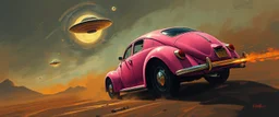 a high definition screen shot of a jet-fighter vw-beetle, retrofuturistic, phototrealism, Macabre Rapture End of days Revelation scene, loose brush stroke matte oil painting, sinner apotheosis,diagonal composition, unbalanced, abstract surreal horror, eerie, scary warm colors, Eldritch, by Colin McCahon Upscale @JonKnockTurnal A photorealistic futuristic pink cadillac 2999 ufo, bilaterally