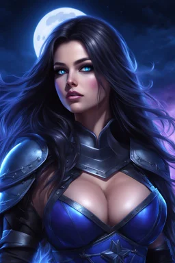 super cute woman, good body, big bub, black and blue long haired, intense look, coquette look, rude mode, dressing a black dark light armor blue and black, front view angle, on top of a tower, darksky, shining purple blur light around her, not moon, not star, not lights background, intrincate details, high definition picture, render, master piece, no deformed body, no extra arms, no extra feets, no extra fingers.