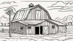 coloring page, old barn, cartoon style, thick lines, low detail, no shading