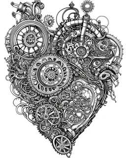 Imagine a human heart replaced with intricate gears and cogs, pumping blood like a clockwork engine for colouring pages,black outline line art, no blur, no grayscale, no black backdrop, only white backdrop, no other colour's included, more realistic look