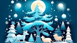 fantasy cartoon illustration: The Arctic animals beneath a full moon are decorating a Christmas tree