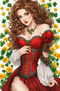 Photography beautiful woman with curly brown hair wearing a mesmerizing red corset dress adorned with intricate floral designs. Her lovely bright blue eyes should exude innocence and allure, and the photograph should feature a full body view. Surround her with clover leaves and yellow flowers, and make sure to use vibrant, colorful hues to bring this delightful scene to life