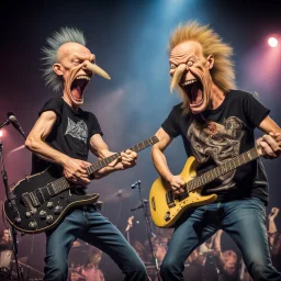 Beavis and Butthead as thin heavy metal guitarists, wearing t-shirts, screaming on stage and playing guitar, professional concert photography, spotlight, intricately detailed, cinematic, cartoon, dynamic composition, caricature art