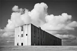 landscape ,minimal ,Photo with an old analog camera. Black and white. Part of a strange dream. white clouds wide plain The big building between them. like pink floyd pigs landscape ,Abandoned factory ,from a weird dream captured with the first model of dreamrecorder by gnom industries inc