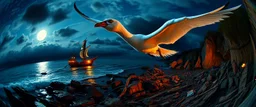 fish eye lense, pin hole cam, master oil painting by Rembrandt, By moonlit cove over glowing pirate ship, A ghostly swan dragon, iridescent feathers, swoops silently over the cove. Comment: "I have circled this coast since the world was young. Driftwood sings in knotted tongues, yet I hear your echo in each pulse. Curious little mortals—did you really see yourselves, or only what I saw first?"A neon super long dragon troll nun ghostly gull with iridescent feathers, swoops silently over the