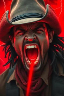 A cowboy screaming portrait with a red light reflecting in their cybernetenhancements.red background all are red cloudy stormy with thunder in the background with be eye black latched