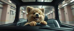 car driving happy 2d rambo fluffy dwarf dog in the style of Escher and Giger and Fallout 4, pinhole cam, airbrush 3d rendering, on tv screen:A five-second cinematic single take in a clean industrial presentation hall.