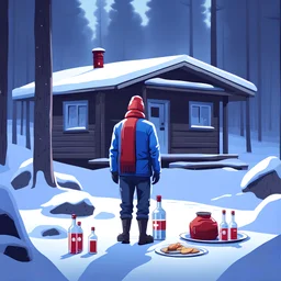 a sad depressed Finnish man without food on his plate, outside his house in the forest, Winter, snow, very cold, Finnish flag at half way up, Finnish flag, a bottle of Vodka in his hand, knifes and sauna, Simon Stålenhag style, empty vodka bottles on ground