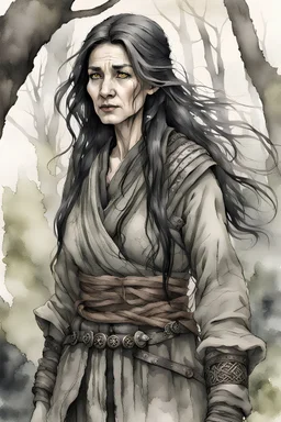 ink wash and watercolor illustration of an ancient grizzled, gnarled female vagabond wanderer, long, black hair streaked with grey, highly detailed facial features, sharp cheekbones. Her eyes are black. She wears weathered roughspun Celtic clothes, emaciated and tall, with pale skin, full body , thigh high leather boots within a forest of massive ancient oak trees in the comic book style of Bill Sienkiewicz and Jean Giraud Moebius , realistic dramatic natural lighting, rich, vibrant earth tones