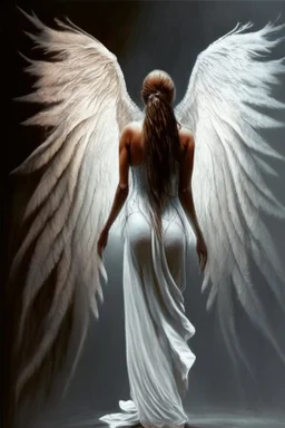 full body woman angel from back wings coming from her back, angel wearing long tunic hyper realistic