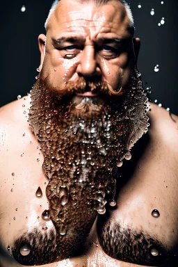 close up photography, dirty burly russian ugly strong chubby 56 years old man, bullneck, milk falling from above, splashing and dripping milk in the face, milk dripping on the beard, with dirty tank top, tattoo, serious eyes, manly chest, 35mm lens, natural light