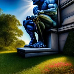 Ultra detailed fullbody Portrait in oil on canvas of stone Goliath Gargoyle on Garden,intense stare,extremely detailed digital painting, extremely detailed face,crystal clear Big glowing eyes, mystical colors ,perfectly centered image, perfect composition, rim light, beautiful lighting,masterpiece,8k, stunning scene, raytracing, anatomically correct, in the style of robert e howard and Ken Kelley and Ohrai Noriyoshi and Simon Bisley and tomzj1