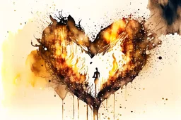 double exposure, merged layers, fireplace with dynamically blazing fire in coffee color, ink splatter art, watercolor and ink, golden glitters, double exposure heart and love