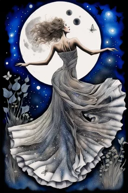 alcohol pen and ink stunning detalied surreal image where a dancer's dress transforms into a silver and moonlight capturing the elegance and etheraly of dance, the background is a cracked , ruined nightly garden with plants siluettes, and little fireflies, dark night, full shiny moon, stunning, masterpeace