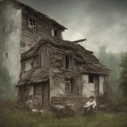 foto de costas de homem sentado longe, vila abandonada, chuva