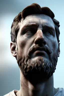 Ultra Realistic image, roman sculpture, white marble material, Lionel Messi, emperor Laurel crown, miguel angel style, chisel style, emperador, waist up portrait, epic, celestial, cinematic lighting, God light, god rays, 4k resolution, smooth details, ornate details, soft lighting, unreal engine 5, sky and clouds background.