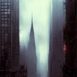 Artdeco Skyscraper ,Skyline, Gotham city,Neogothic architecture, by Jeremy mann, point perspective,intricate detailed, strong lines
