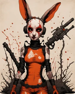 Tank girl, rabbit mask, orange and black short hair, latex suit, highly detailed, fullbody, splashes blood, behind guts rising from the ground, papercut illustration by <John Kenn Mortensen>, darkred tones,