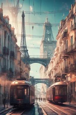 Lisbon city view in fantasy cyberpunk style with famous tram, eiffel tower and lisbon bridge in background