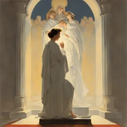 [art by Norman Rockwell] The flickering candlelight cast dancing shadows upon the statue's serene countenance, as if the divine presence infused every inch of its carved form. Roupinho's eyes were fixed upon the statue, his gaze filled with wonder and reverence. He could almost feel the warmth of the Virgin Madonna's embrace, her ethereal touch soothing his troubled soul. In that sacred moment, Roupinho's mind was transported back to the edge of the cliff, where his life had teetered on the edge