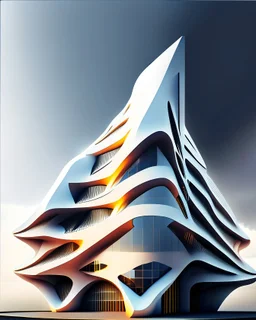 Isometria edificio estilo Zaha Hadid, arte digital, calidad ultra, nubes, personas, 8k 3D, fondo claro