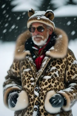 santa in leopard jacket in snow