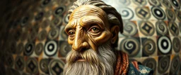 fish eye lense, master oil painting by Rembrandt, realistic rendering Portrait of the Apkallu sage who were sent by the god Ea to teach civilization to humanity before the flood. They were depicted as half-human and half-fish or bird, and were associated with wisdom, magic, and culture. blurred tile yin yang pattern background, brightened edges to give a sense of depth