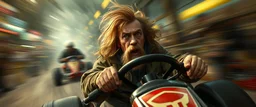 gokart mozart bewildered looks beyond really powerful, fantasy illustration in the style of Rembrandt, motion blur background