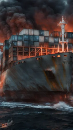 ,surrealism of the dark of a nightmare , hyper photorealistic, hyper detailed dark art color, high resolution, fog, octane render, tilt shift, HDRI Environment, all pictures dark gray, a submarine on fire