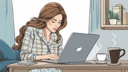 under a bed lies down a woman and working on a laptop, she has half-length brown hair and wearing pajamas , pale light, half socks and a mug of coffee next to her, high detalied, sharp focus, high realistic photo, perfect shot