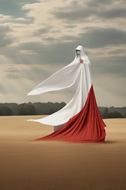 Giant massive huge in stature, majestic entity, hovering and floating over a large field landscape. the entity wears a white and red draped fabric that has printed on the material resembling stars. the fabric has also technological elements. you can see how big it is compared to a tiny human standing in front of it