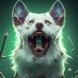 Dog, monster, green, horror, teeth, gore, blood, masterpiece, expert, 8K, hyperrealism, sharp focus, cinematic lighting