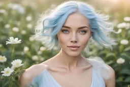 a beautiful woman with all defined parts of body. perfect face, hands, light blu hair, that represents freedom, lightness simplicity, love is pure and delicate and leaves room for Trust. there is also chicory bach flower in the lanpscape